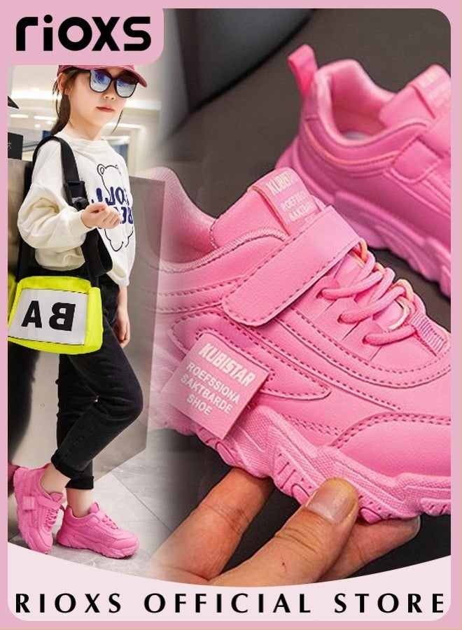RIOXS Toddler Kids Girls Sneakers Breathable Lightweight Running Sports Shoes with Leather Upper Easy to Wipe Fashion Athletic Casual Shoes for School Casual Wear - Image 3