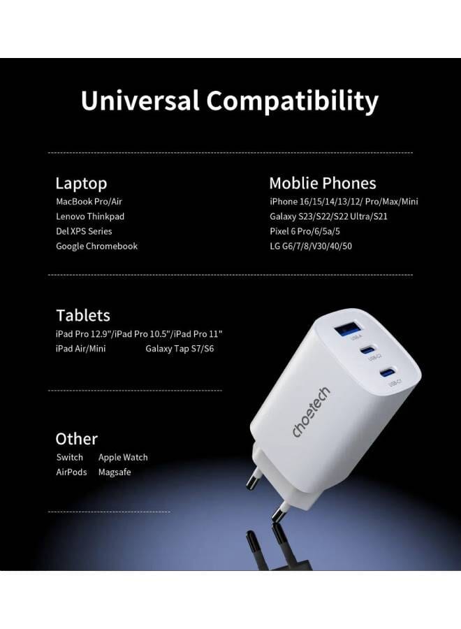 تشوتيك 65W GaN PD Charger – Dual USB-C Ports, Foldable Fast Adapter white - Image 5