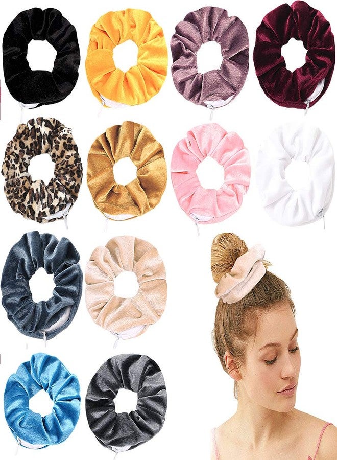 DINPREY Premium Velvet Hair Scrunchies with Hidden Zipper Pocket for Women - 12 Pcs Floral Chiffon Scrunchies for VSCO Style and Storage - Image 1