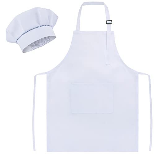 SUNLAND Kids Apron And Hat Set Children Chef Apron For Cooking Baking Painting White(M:6-12 Years) - Image 1