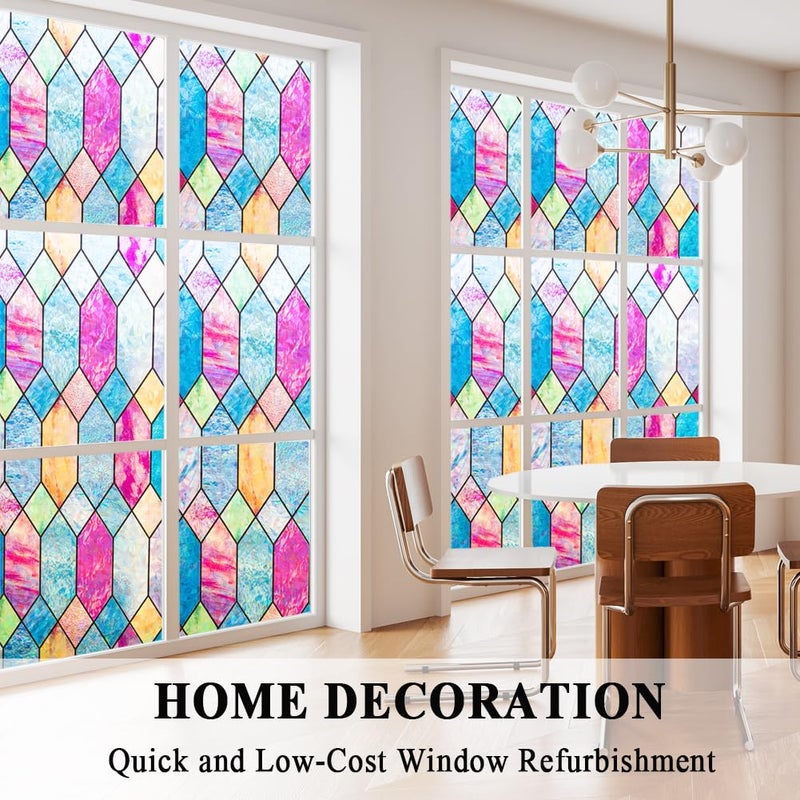Mikomer Static Cling Window Privacy Film Stained Glass Door Film Colorful Moroccan Lattice No Glue Decorative Bathroom Door Coverings Tints UV Sun Blocking Heat Control,17.5 inches by 78.7 inches - Image 3