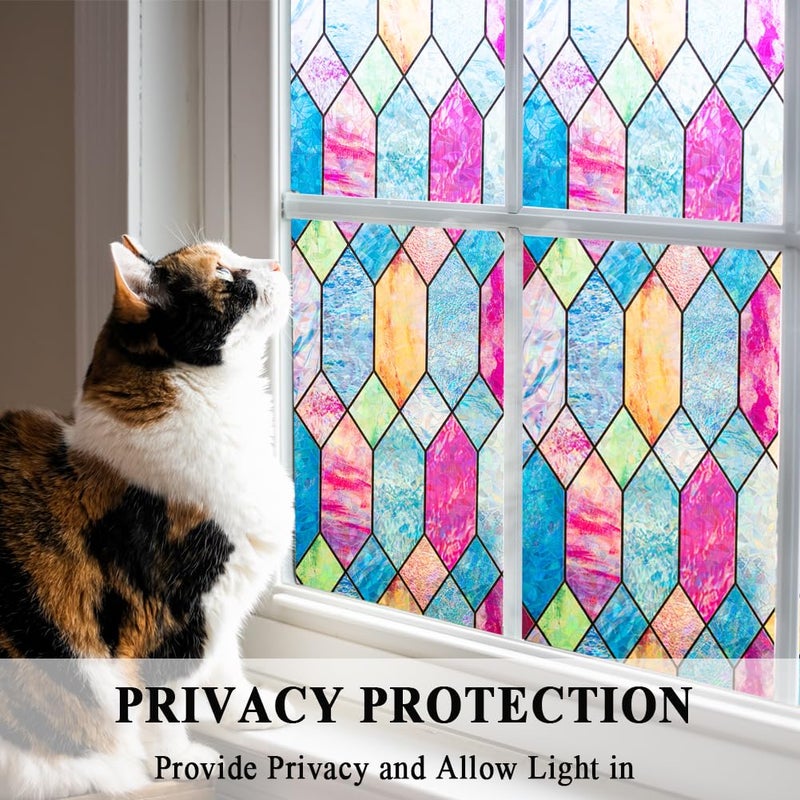 Mikomer Static Cling Window Privacy Film Stained Glass Door Film Colorful Moroccan Lattice No Glue Decorative Bathroom Door Coverings Tints UV Sun Blocking Heat Control,17.5 inches by 78.7 inches - Image 2