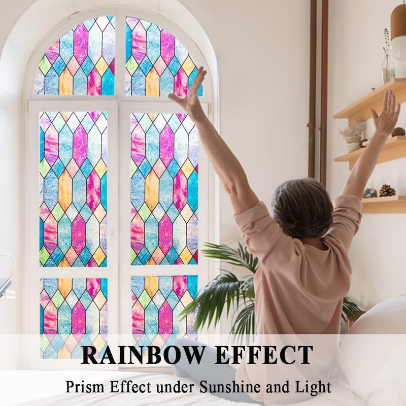 Mikomer Static Cling Window Privacy Film Stained Glass Door Film Colorful Moroccan Lattice No Glue Decorative Bathroom Door Coverings Tints UV Sun Blocking Heat Control,17.5 inches by 78.7 inches - Image 4