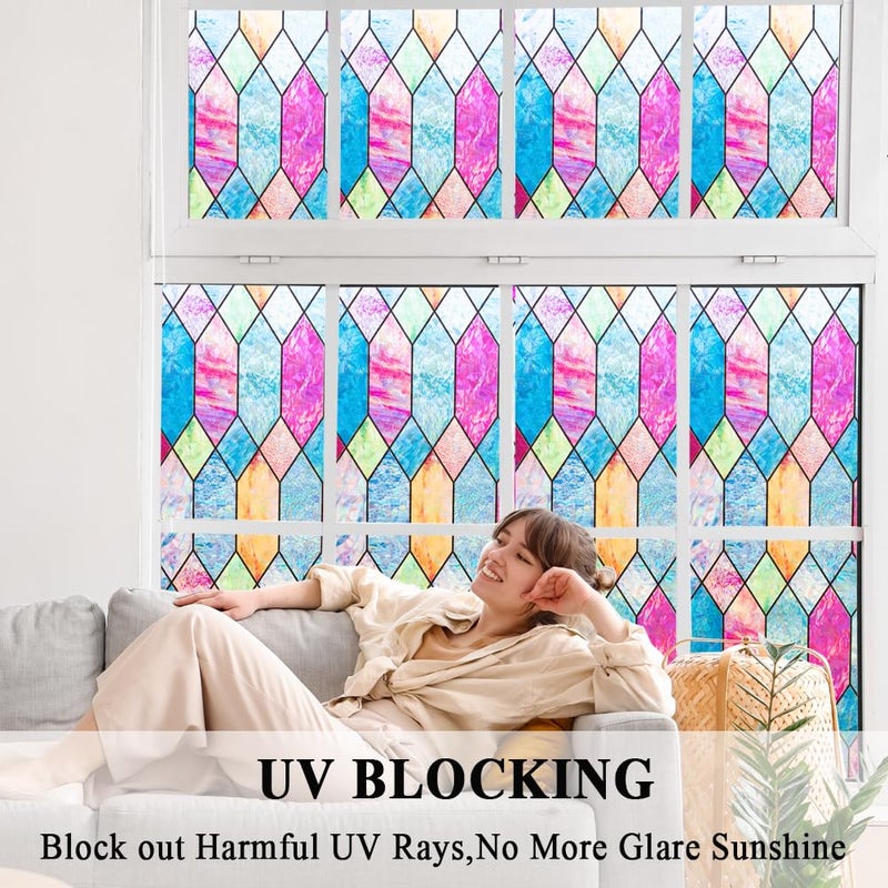 Mikomer Static Cling Window Privacy Film Stained Glass Door Film Colorful Moroccan Lattice No Glue Decorative Bathroom Door Coverings Tints UV Sun Blocking Heat Control,17.5 inches by 78.7 inches - Image 5