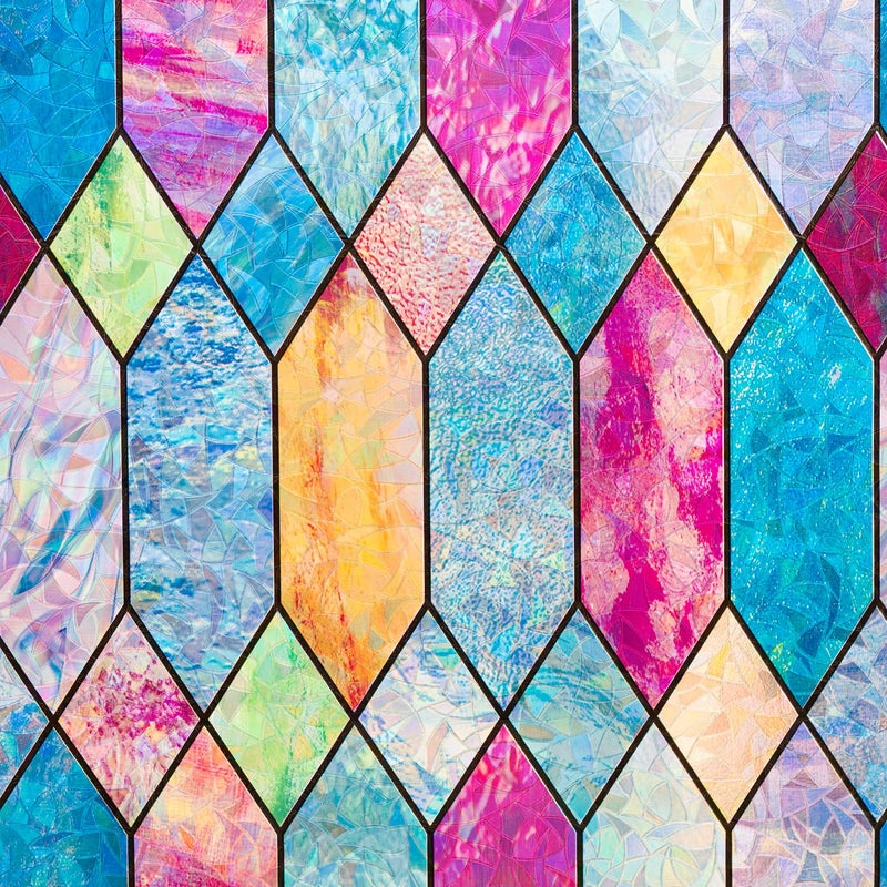 Mikomer Static Cling Window Privacy Film Stained Glass Door Film Colorful Moroccan Lattice No Glue Decorative Bathroom Door Coverings Tints UV Sun Blocking Heat Control,17.5 inches by 78.7 inches - Image 1