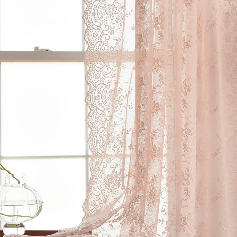Kotile Blush Pink Sheer Lace Curtains, Country Rustic Vine Floral Embroidered Lace Curtains 54 Inch Length for Small Windows, Scalloped Edge Privacy Lace Window Curtains, 52 x 54 Inch, 2 Panels, Blush - Image 4