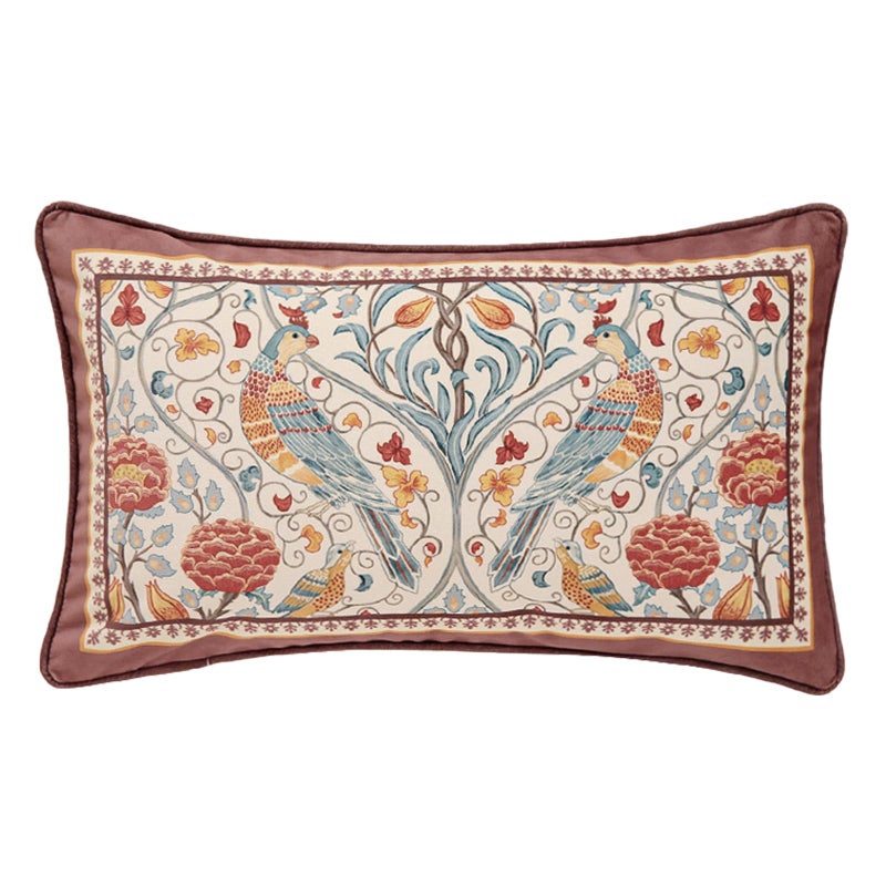 patdrea Designer Vintage Throw Pillow Covers 12"x20",Red Soft Velvet Lumbar Pillows Cover with Birds Floral Pattern,Rectangular Farmhouse Decorative Pillowcases for Couch Bed Living Room Outdoor - Image 1
