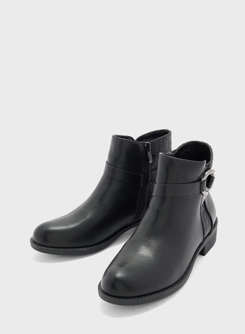 Ginger Croc Detail And Buckle Round Toe Boot