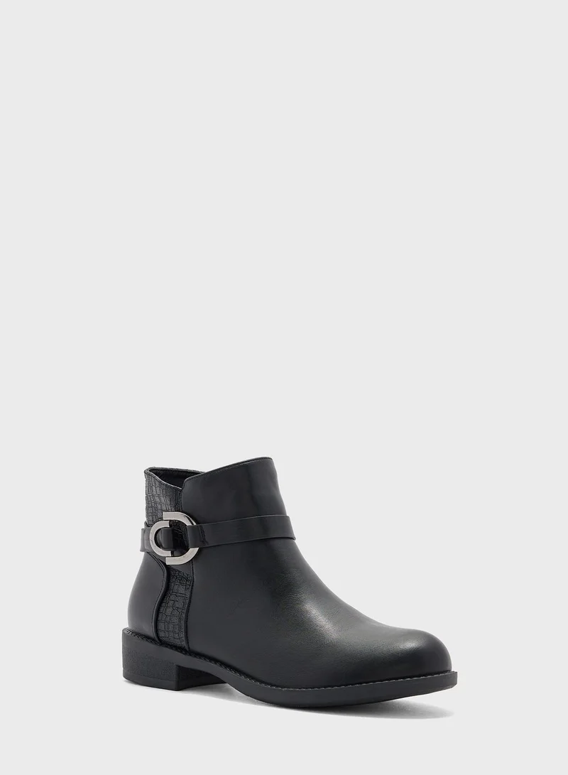 Ginger Croc Detail And Buckle Round Toe Boot