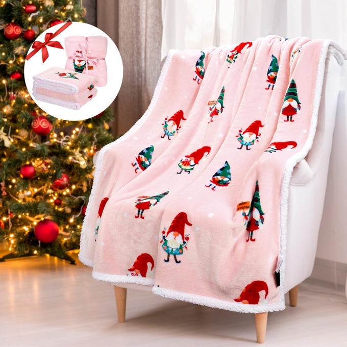 SANTA CLAUS SHERPA CHRISTMAS BLANKET SOFT WARM COZY REVERSIBLE FUZZY FLEECE PATTERNS HOLIDAY THROW BLANKET FOR COUCH SOFA BED HOME DECOR LIGHT PINK