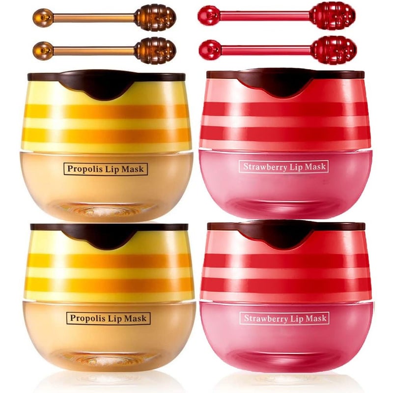 JISKG 4 Pcs Lip Mask Reduces Lip Lines and Exfoliator, Prevention Dry & Cracked Lip. (Honey & Strawberry)