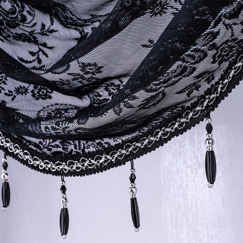 Huierxun Black Sheer Lace Waterfall Window Valance with Bead Tassels Floral Embroidered Valance Curtains Semi Sheer Rod Pocket Valance/Swags for Bedroom/Living Room/Kitchen/Basement(Black,39"x41") - Image 5