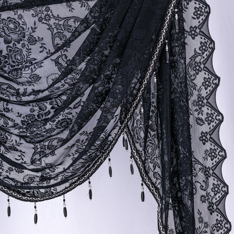 Huierxun Black Sheer Lace Waterfall Window Valance with Bead Tassels Floral Embroidered Valance Curtains Semi Sheer Rod Pocket Valance/Swags for Bedroom/Living Room/Kitchen/Basement(Black,39"x41") - Image 4