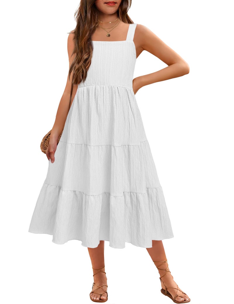 Arshiner Girls Summer Dress Boho Spaghetti Strap Square Neck Solid A Line Beach Long Dress with Pockets White 9-10 Years - Image 1