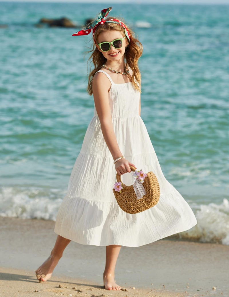 Arshiner Girls Summer Dress Boho Spaghetti Strap Square Neck Solid A Line Beach Long Dress with Pockets White 9-10 Years - Image 3