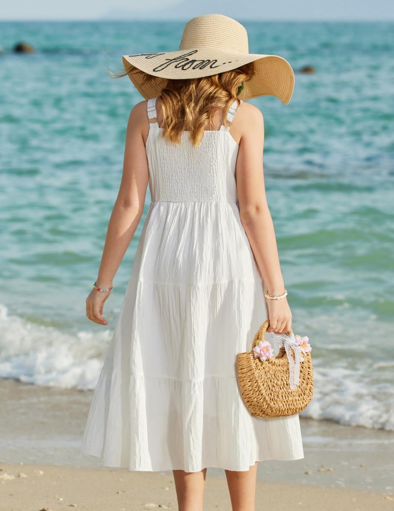 Arshiner Girls Summer Dress Boho Spaghetti Strap Square Neck Solid A Line Beach Long Dress with Pockets White 9-10 Years - Image 4