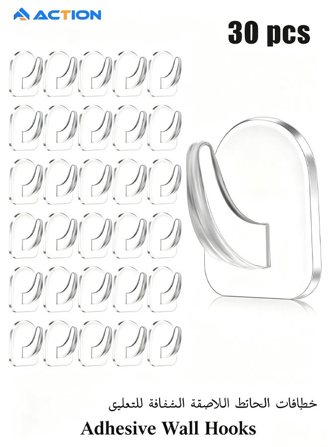 ACTION 30 Pieces Clear Adhesive Wall Hooks for Hanging, Transparent Reusable Seamless Hooks Small Acrylic Sticky Hangers with Non Marking Sticker for Kitchen Bathroom Bedroom Office (Clear) - Image 1