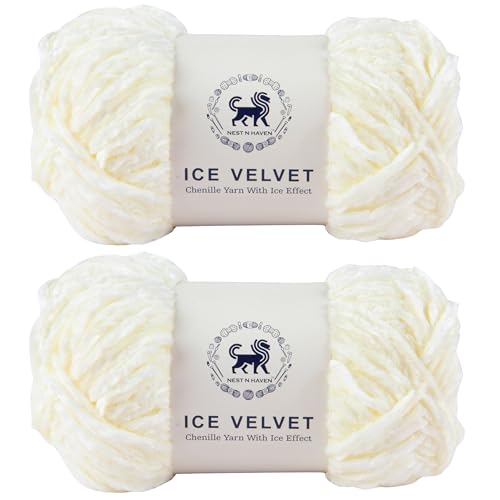 NESTNHAVEN, Ice Velvet, Chenille Yarn Supersoft Hand Knitting Wool Ball, Set of 2 (1 Ball/100 Gram Each) Ball Suitable for Craft, Babywear, Baby Blankets, 4 Medium, Shade no - NNHIVS (Off - White) - Image 1