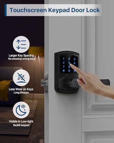 HIDALIFE قفل باب بدون مفتاح من HIDALIFE مع لوحة مفاتيح ومقبض للأبواب الأمامية، قفل باب إلكتروني بشاشة تعمل باللمس، كلمة مرور مضادة للتجسس، قفل تلقائي، أسود غير لامع - Image 3