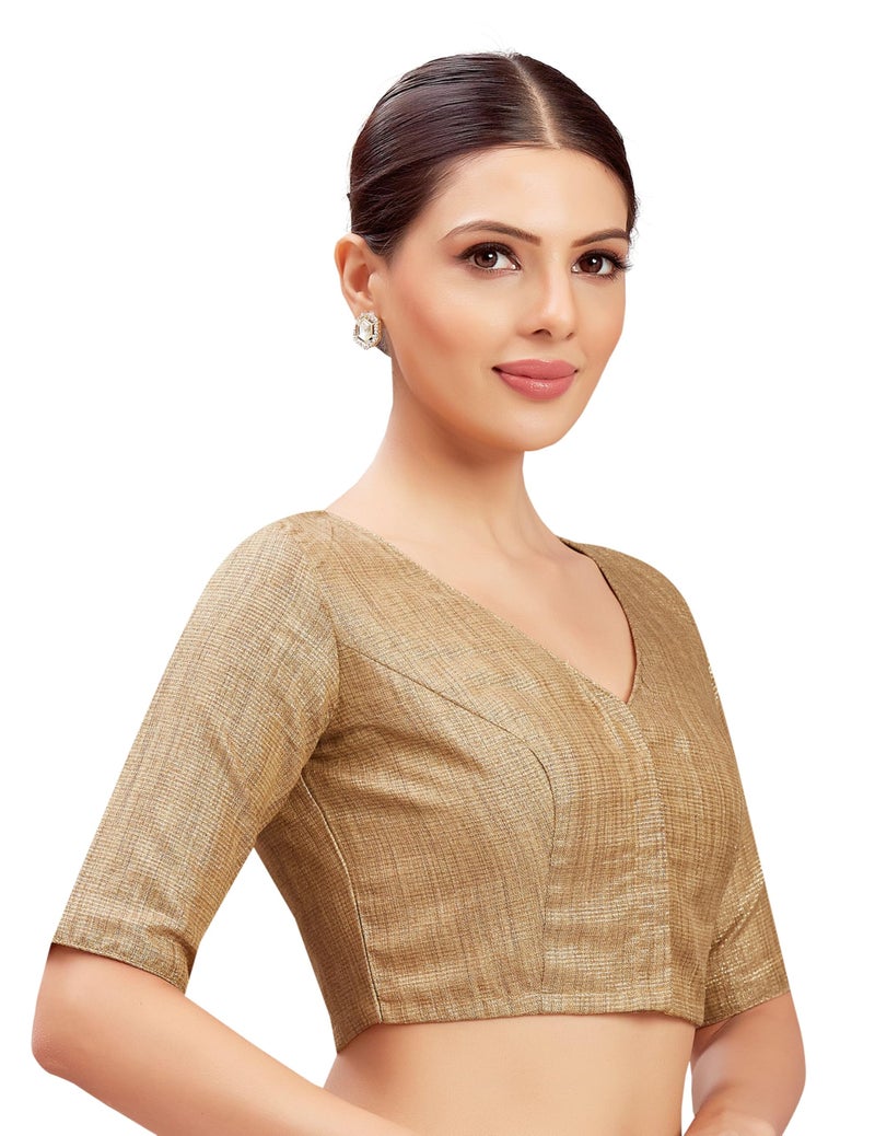 Studio Shringaar Women's Golden Brocade V Neck Readymade Saree Blouse (Gold, 44) - Image 4