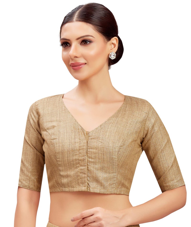 Studio Shringaar Women's Golden Brocade V Neck Readymade Saree Blouse (Gold, 44) - Image 3