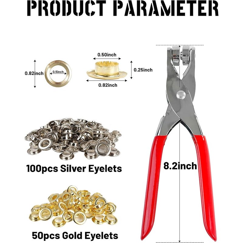 موهيرن مجموعة ادوات جروميت 1/2 انش من 150 قطعة، كماشة ثقب الجلد، مجموعة حلقات تثبيت مع 150 فتحة معدنية باللون الذهبي والفضي للجلد والاحذية والقماش والاحزمة - Image 2