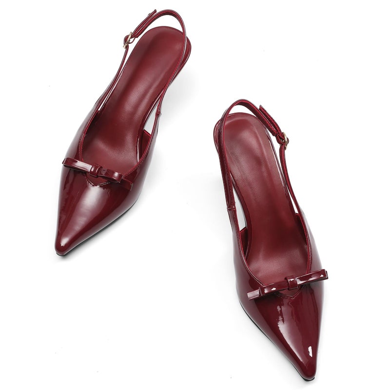 Mattiventon Burgundy Kitten Heels for Women Slingback Heels Bow Ankle Strap Pointed Toe Heel Sexy Wedding Dress Party Pumps - Image 4