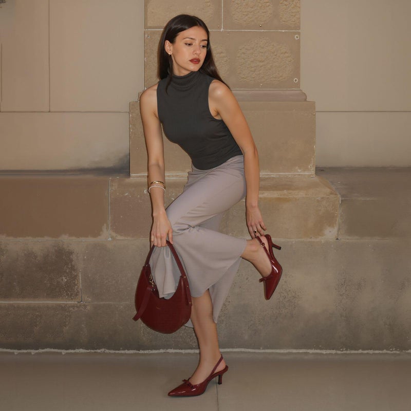 Mattiventon Burgundy Kitten Heels for Women Slingback Heels Bow Ankle Strap Pointed Toe Heel Sexy Wedding Dress Party Pumps - Image 2