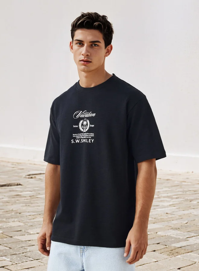 Printed Crew Neck T-shirt with Short Sleeves