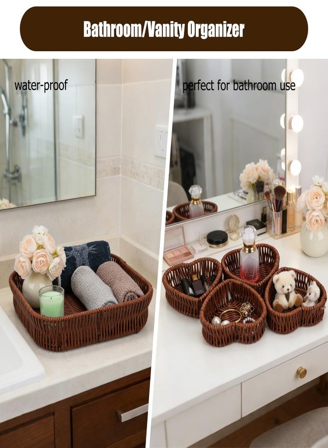 Ismosm Wicker Organizer Tray Set of 5, Synthetic Rattan, Square Tray with 4 Heart-Shaped Organizers, 10.2x10.2 Inch, Washable (Brown Set of 5) - Image 5