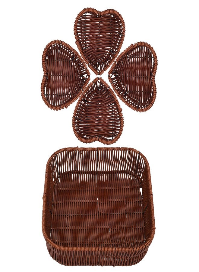 Ismosm Wicker Organizer Tray Set of 5, Synthetic Rattan, Square Tray with 4 Heart-Shaped Organizers, 10.2x10.2 Inch, Washable (Brown Set of 5) - Image 1