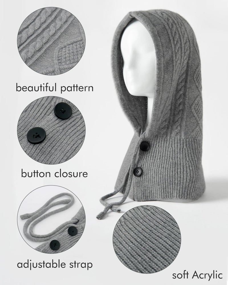 Peicees Knitted Balaclava Drawstring Hooded Scarf Hat Womens Beanie Skull Cap Winter Neck Gaiters Fashion Black - Image 2