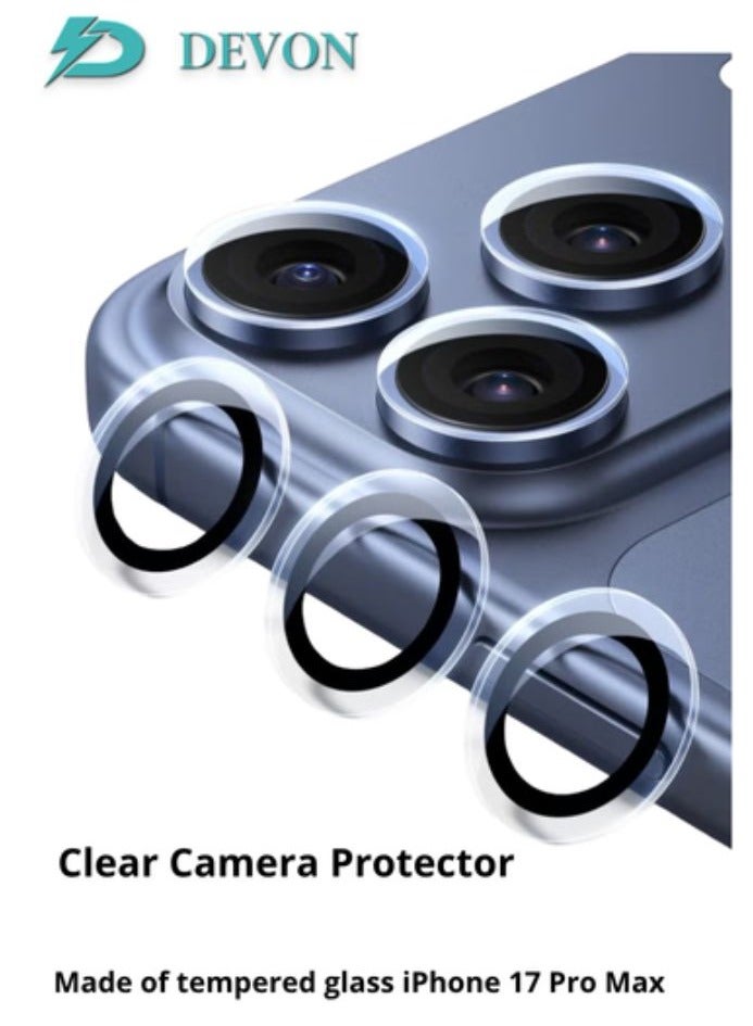 Devon Protection d'objectif pour iPhone 17 Pro Max 【Protection de l'objectif】Fabriquée en verre trempé HD avec un anneau de protection en métal, haute clarté, résistante aux rayures et facile à installer - Image 1