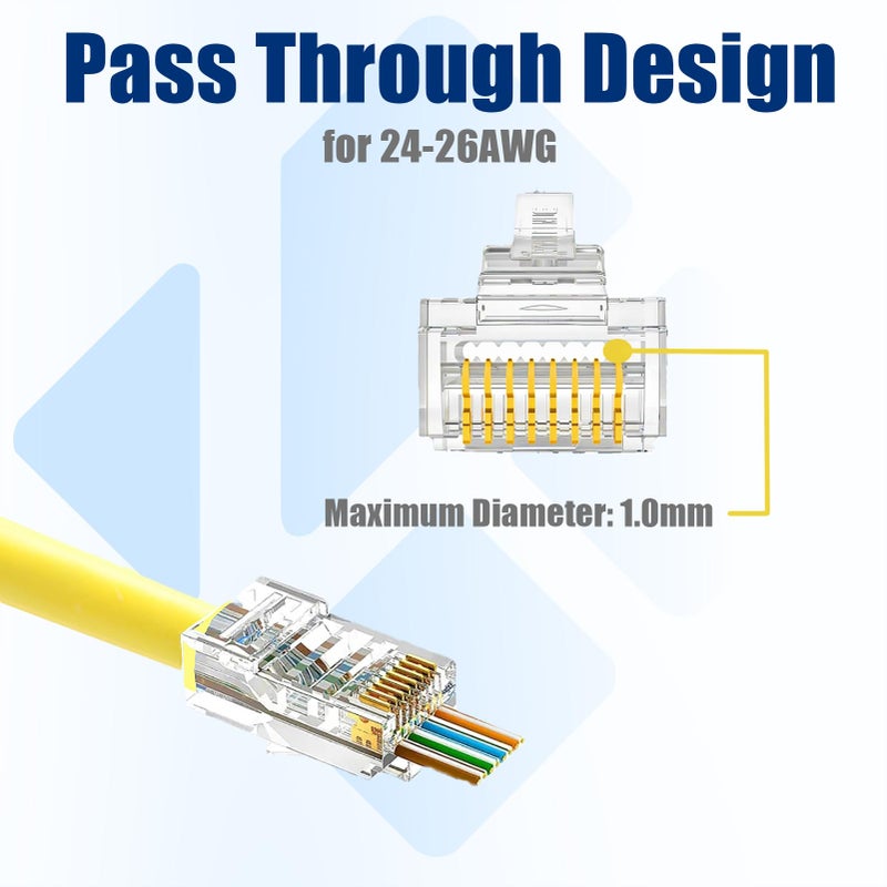 Awishwell 50-Pack Cat5e RJ45 Pass Through Connector, Cat5e RJ45 Connectors Pass Through, Cat5 Connector Ends, UTP Ethernet Connectors for Solid or Stranded Cable - Image 2