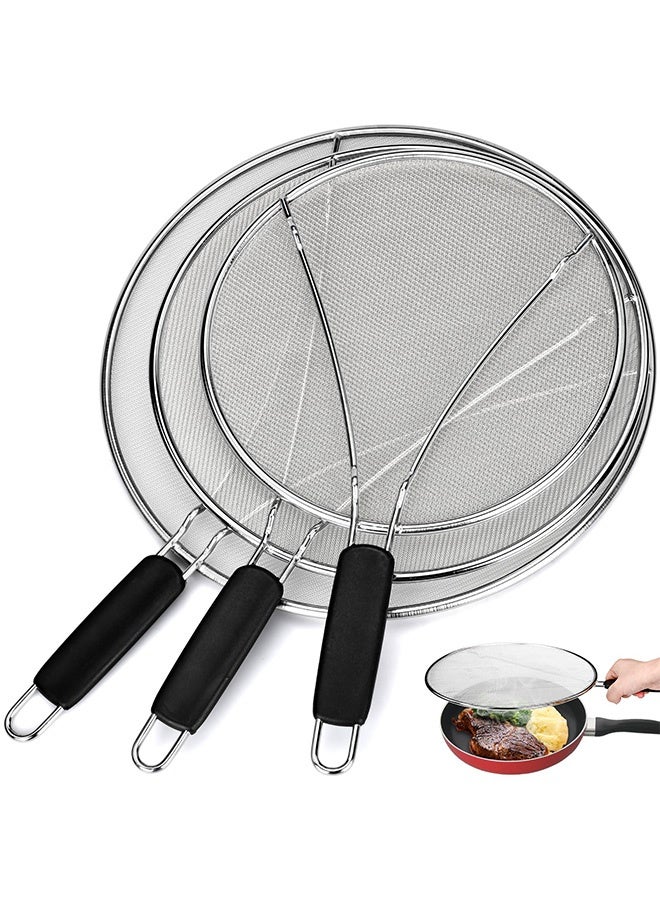 Peachjoy Splatter Screen for Frying Pan 13" 11.5" 9.8" Stainless Steel Fine Mesh Grease Splatter Guard with Comfort Silicone Handles and Resting Feet for Prevent Oil Splatter Safe Cooking - Image 1