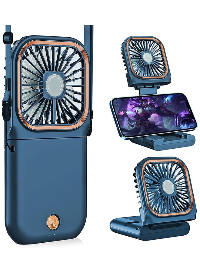 Photon Portable Handheld Mini Neck Fan, 5 in 1 USB Rechargeable Fan with Power Bank, 3000mAh Power Bank with 3 Speed Adjustable for Women & Men (Blue) - Image 1