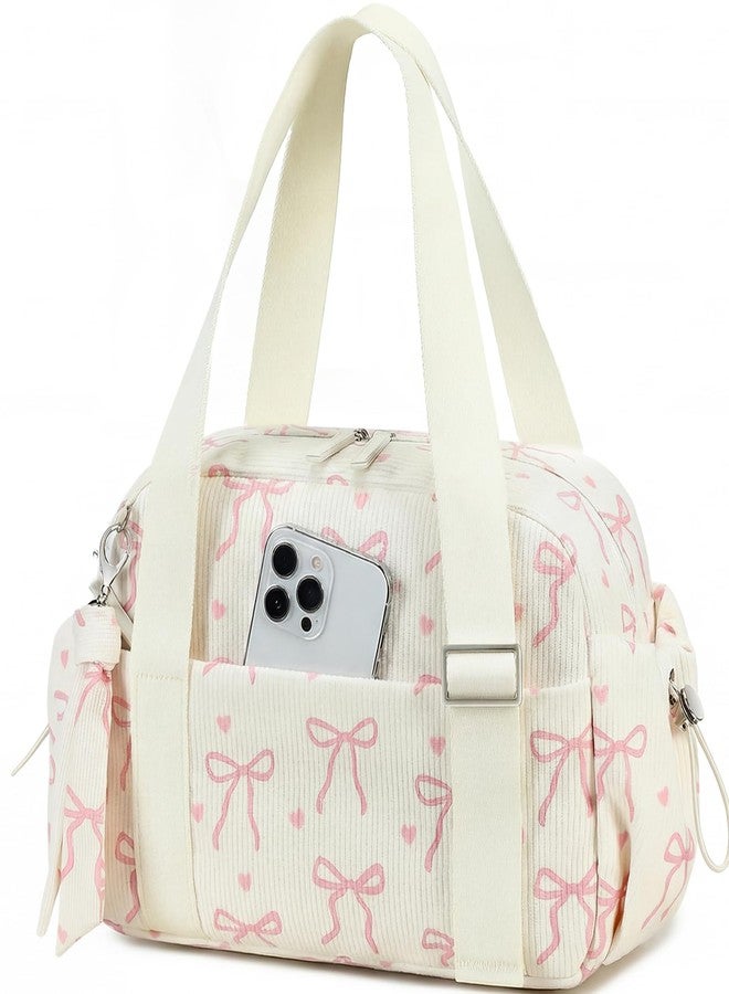 LOIDOU Mini Gym Bag for Women Girls, Small Sports Duffel Bag with Waterproof Wet Compartment & Adjustable Strap, Cute Workout Yoga Dance Tote Travel Bag Corduroy Fits Gym Shoes (Pink Bow-Beige) - Image 1