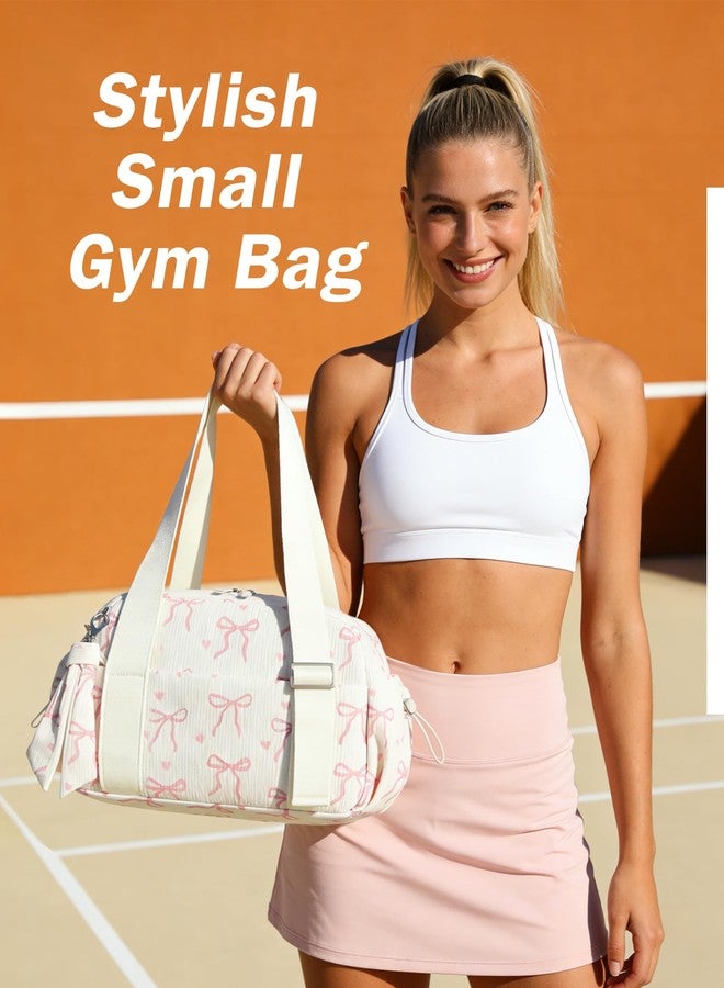 LOIDOU Mini Gym Bag for Women Girls, Small Sports Duffel Bag with Waterproof Wet Compartment & Adjustable Strap, Cute Workout Yoga Dance Tote Travel Bag Corduroy Fits Gym Shoes (Pink Bow-Beige) - Image 2