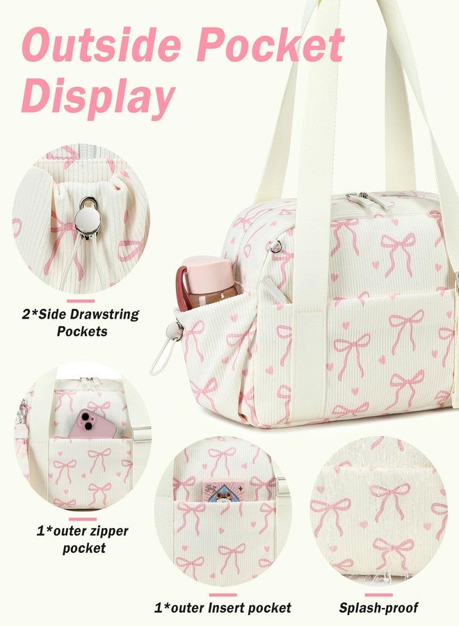 LOIDOU Mini Gym Bag for Women Girls, Small Sports Duffel Bag with Waterproof Wet Compartment & Adjustable Strap, Cute Workout Yoga Dance Tote Travel Bag Corduroy Fits Gym Shoes (Pink Bow-Beige) - Image 4