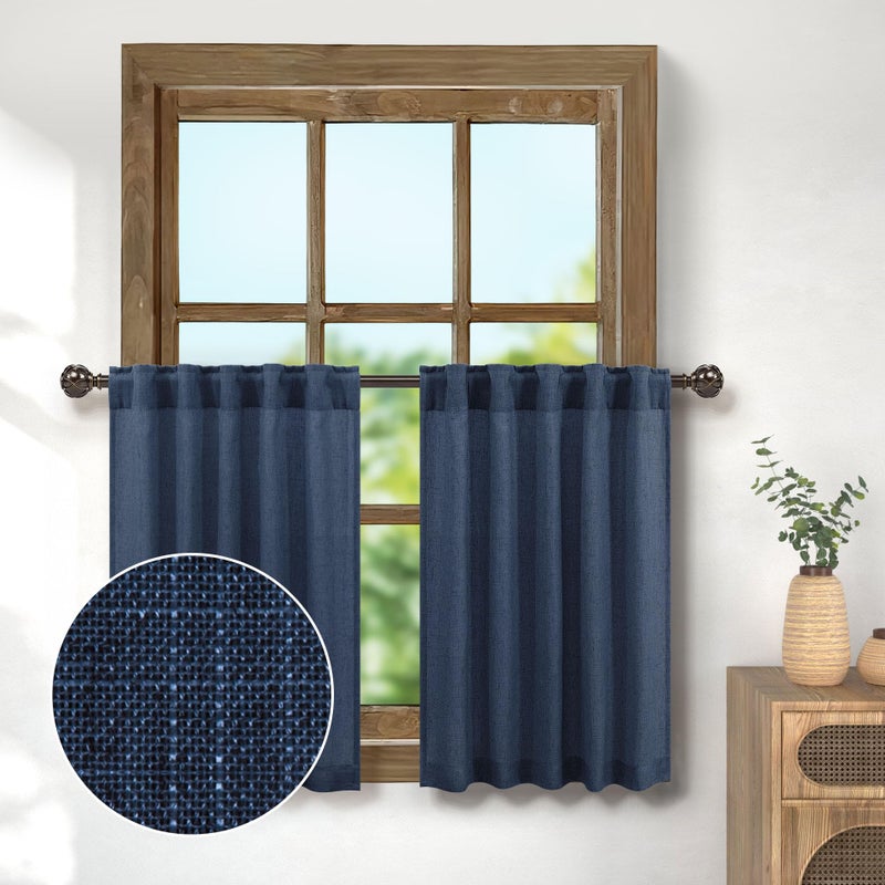 Pitalk Navy Blue Half Curtains for Windows 36in Long Flax Linen Kitchen Back Tab Pocket Semi Privacy Glare Control Energy Efficient Short Dark Blue Curtain for Small Window Bathroom 30 x 36 Length 3FT - Image 1