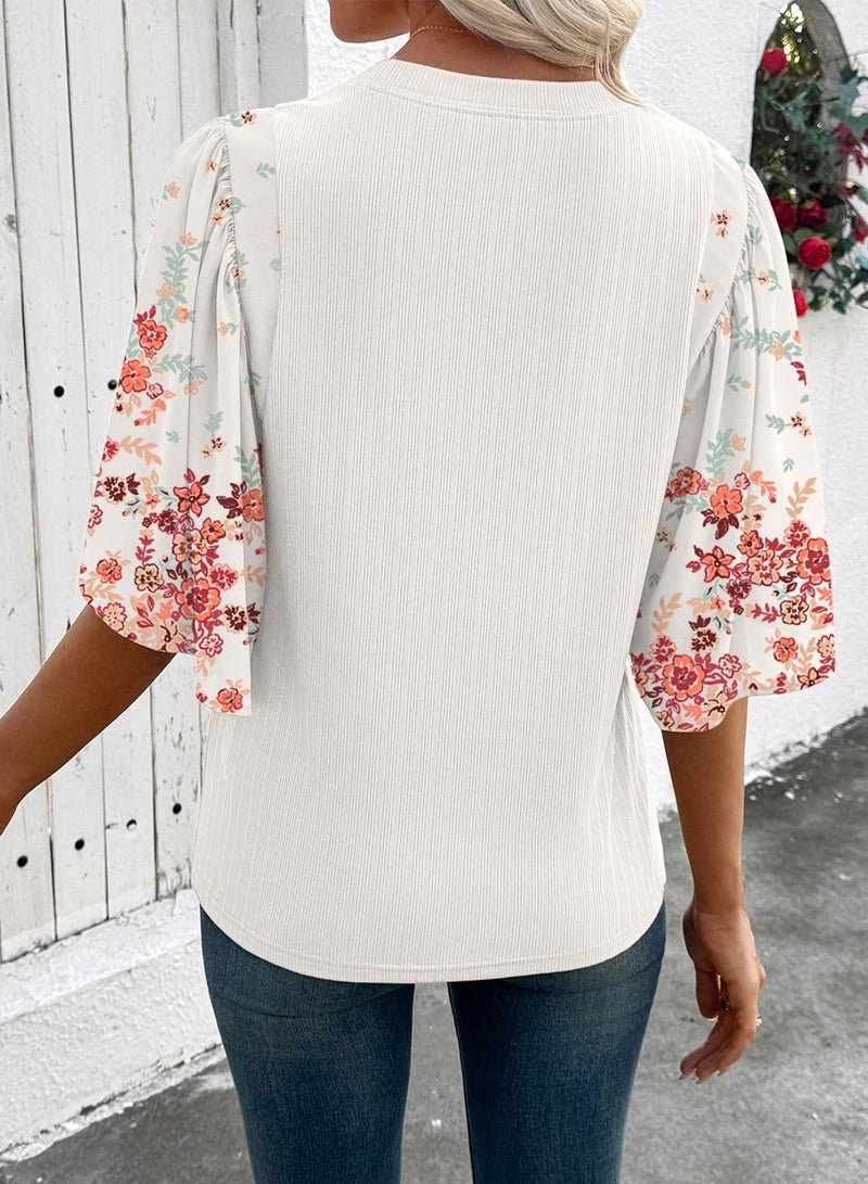EVALESS 3/4 Length Sleeve Womens Tops Dressy Casual Blouses Cute Bell Sleeve Tops Floral Print Crewneck Patchwork Shirts 2026 Trendy Spring Summer Outfits Beach Vacation Clothes White Medium - Image 4