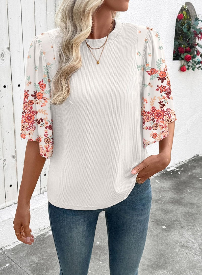 EVALESS 3/4 Length Sleeve Womens Tops Dressy Casual Blouses Cute Bell Sleeve Tops Floral Print Crewneck Patchwork Shirts 2026 Trendy Spring Summer Outfits Beach Vacation Clothes White Medium - Image 3