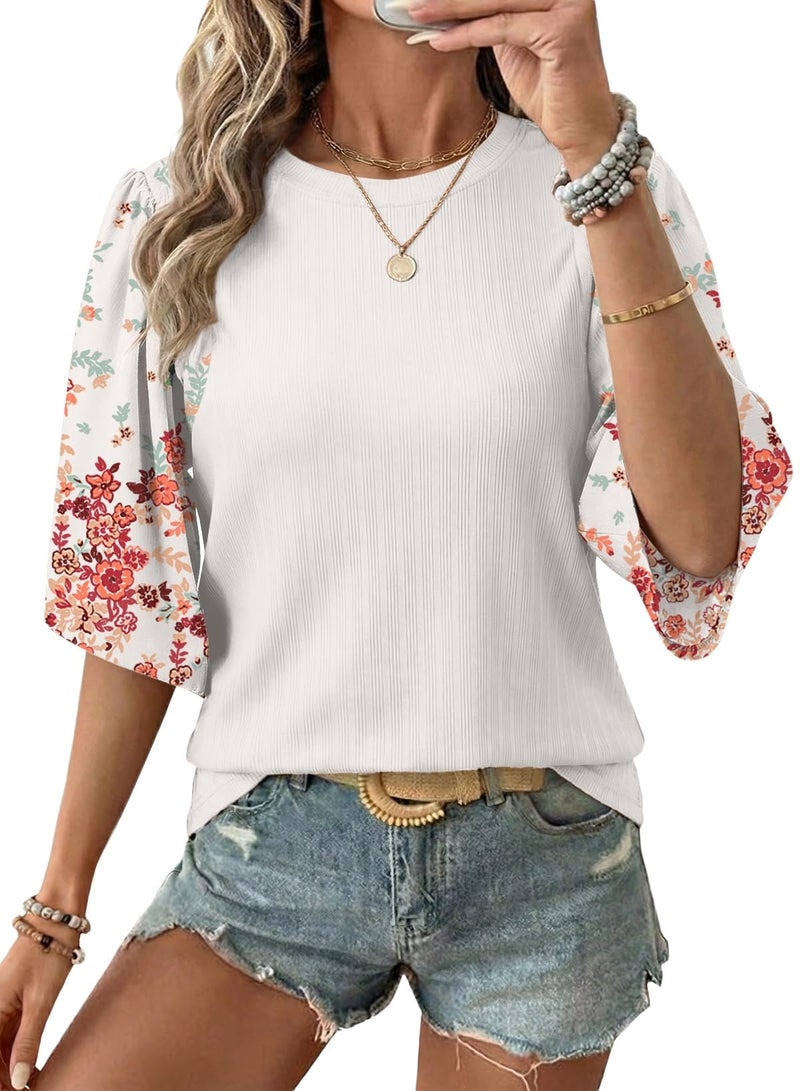 EVALESS 3/4 Length Sleeve Womens Tops Dressy Casual Blouses Cute Bell Sleeve Tops Floral Print Crewneck Patchwork Shirts 2026 Trendy Spring Summer Outfits Beach Vacation Clothes White Medium - Image 1