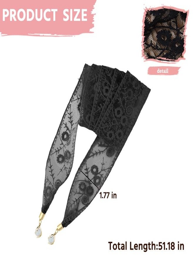 Sisadodo Black Lace Neck Scarf for Woman Long Neckerchief Scarf Belt for Women Waist Lace Hair Band for Women's Hair Long Laces Headband Neckerchief for Woman Skinny Head Scarfs for Women's Hair - Image 2