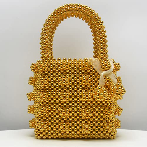 Miuco Womens Beaded Handbags Handmade Weave Crystal Pearl Tote Bags Gold - Image 2