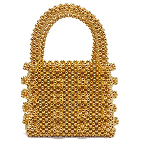 Miuco Womens Beaded Handbags Handmade Weave Crystal Pearl Tote Bags Gold - Image 1