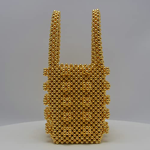 Miuco Womens Beaded Handbags Handmade Weave Crystal Pearl Tote Bags Gold - Image 4