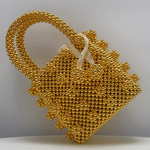Miuco Womens Beaded Handbags Handmade Weave Crystal Pearl Tote Bags Gold - Image 3