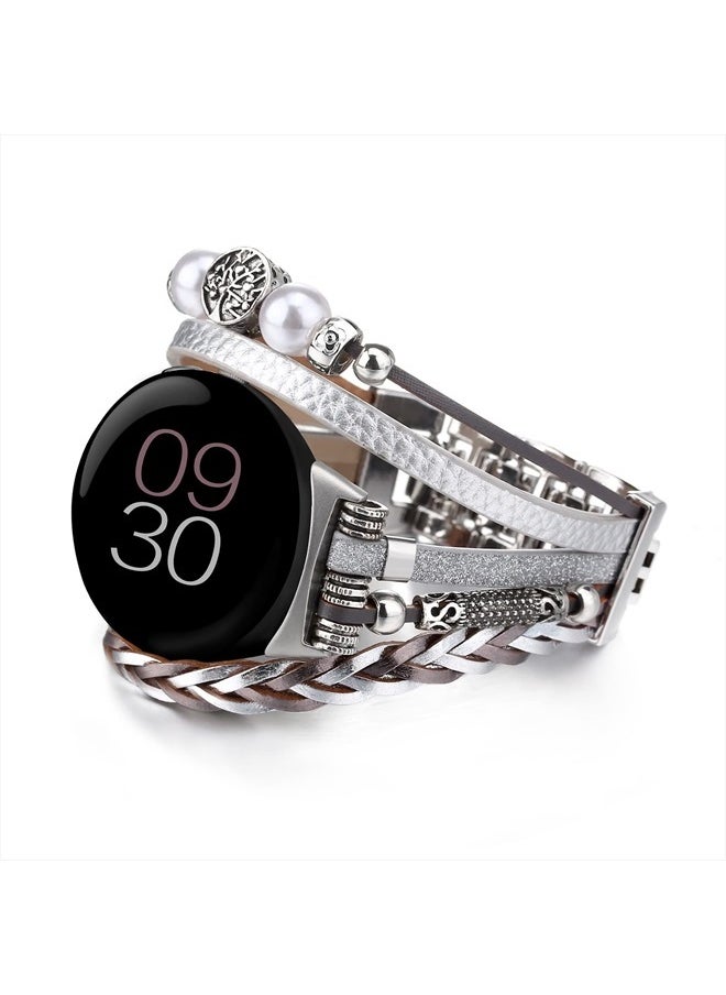 Fivoilin - Boho Bracelet Band Compatible with Google Pixel Watch Band Women Men, Posh LeatherBand Replacement Strap for Google Pixel Watch 2022, Silver - Image 1