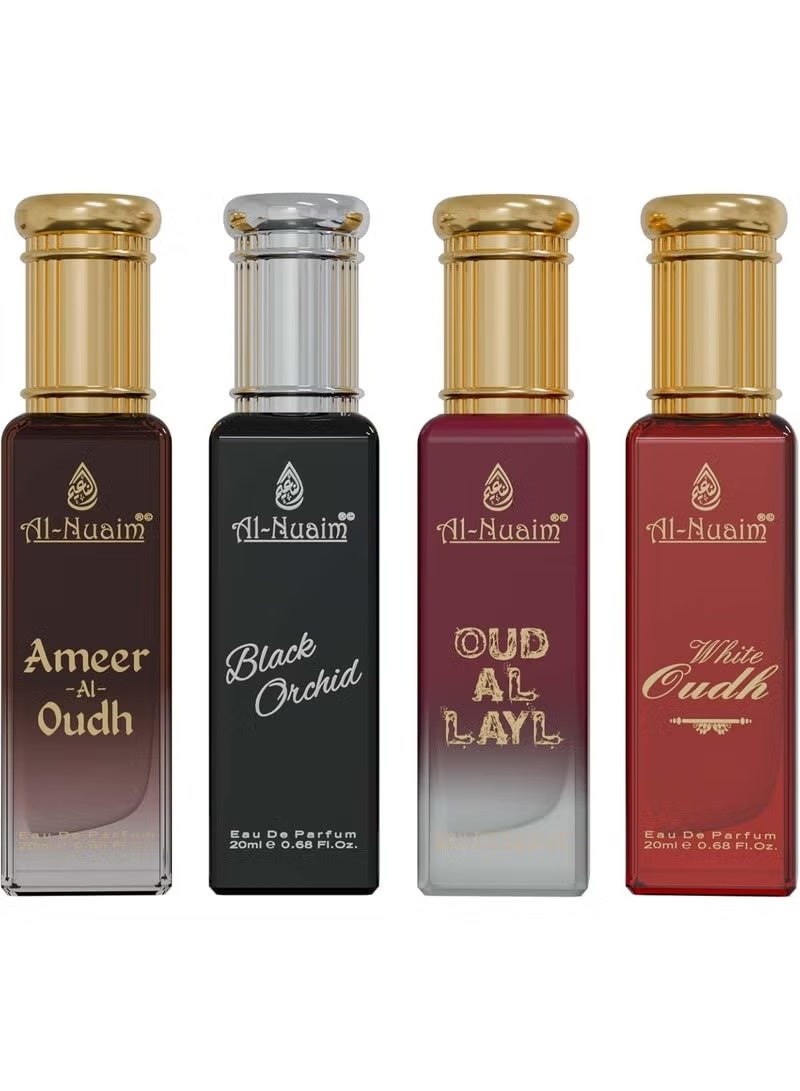 Al Nuaim Perfect 4 EDP Gift Set Unisex (4 x 20ml) | Ameer Al Oudh, Black Orchid, Oud Al Layl, White Oudh | Long Lasting Luxury Arabic Eau de Parfum Collection for Men & Women | Premium Travel Size Perfume Set - Image 3